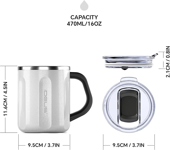 Ideus 16 oz Coffee Cup, Stainless Steel Coffee Travel Mug, Spill Proof Tea Mug with Handle and Lid, Lightweight and Durable, Great for Office Home and Outdoor Use, Snow White-FUJI FLOW