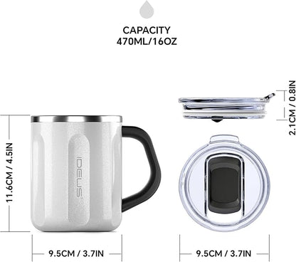 Ideus 16 oz Coffee Cup, Stainless Steel Coffee Travel Mug, Spill Proof Tea Mug with Handle and Lid, Lightweight and Durable, Great for Office Home and Outdoor Use, Snow White-FUJI FLOW