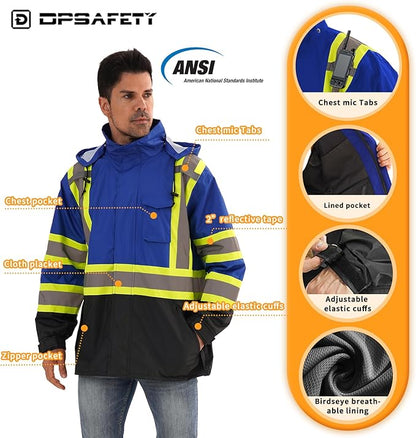 Reflective Rain jackets for men waterproof,Hi Vis Safety Coat With Reflective Strips，High Visibility Class 3 Rain jackets With 2 large pockets，Zipper,Blue,2XL/3XL