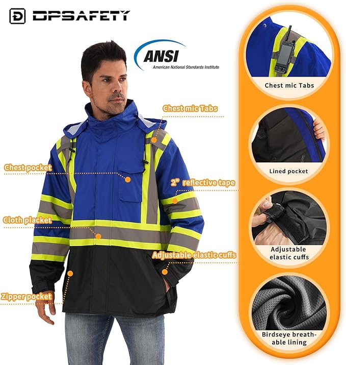 Reflective Rain jackets for men waterproof,Hi Vis Safety Coat With Reflective Strips，High Visibility Class 3 Rain jackets With 2 large pockets,Zipper,Blue,LG/XL