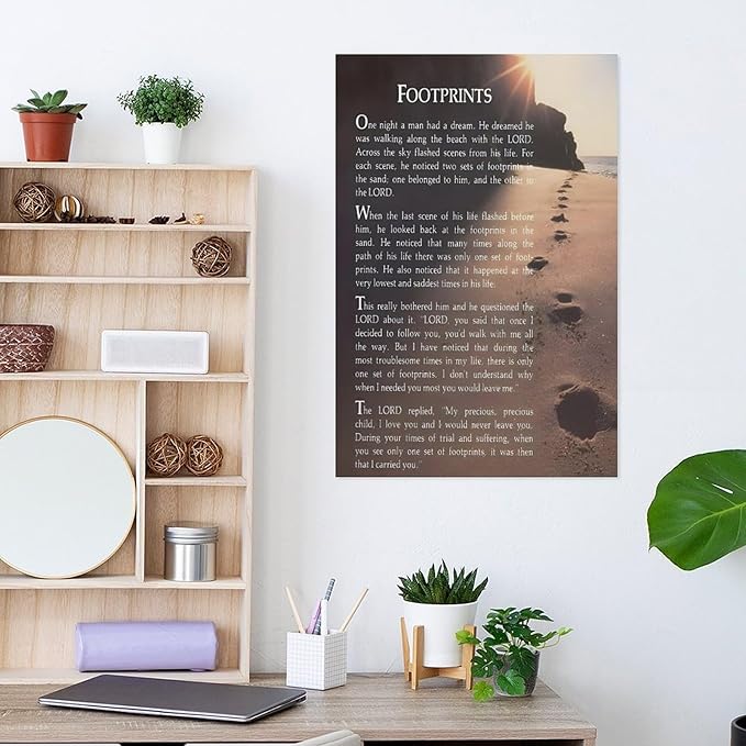 Footprints in the Sand Religious Canvas Wall Art Posters, Inspirational Beach Sunset Poem Print Poster (Unframed 12x18inch, Footprints(7))
