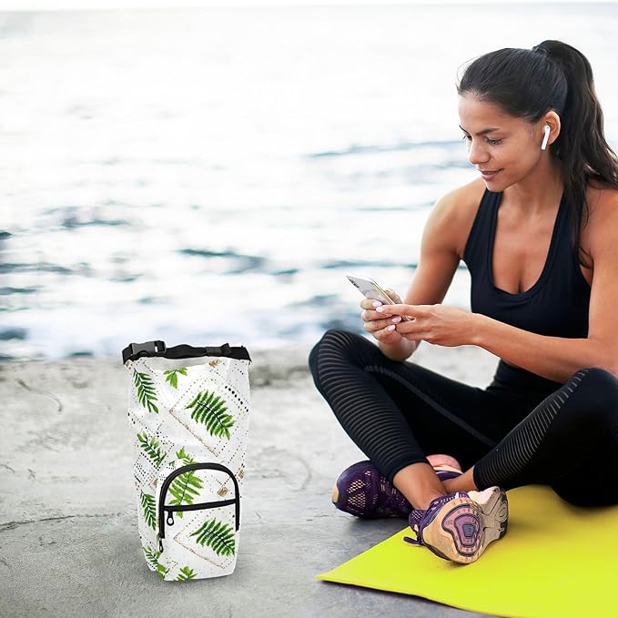 Green Boho Leaves Water Bottle Holder with Strap Insulated Water Bottle Carrier Crossbody Bags Pouch with Phone Pocket for Travel Gym Hiking Walking Running