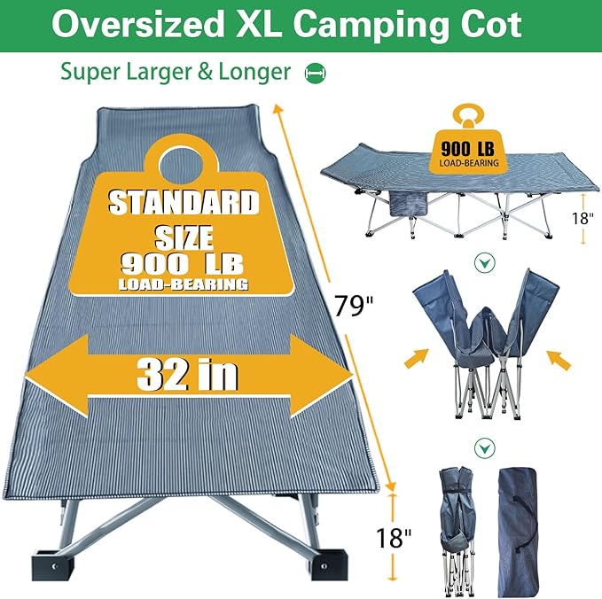 32 Inches Wide XXL Camping Cot with Mattress Oversize Folding Cot Heavy Duty Comfortable Cots for Sleeping Guest Bed with Carry Bag Portable Easy to Set-up for Home Travel Outdoor