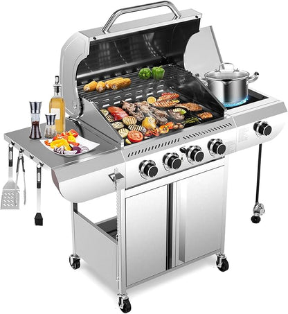 R.W.FLAME 4-Burner Gas Grill with Side Burner, Stainless Steel Propane Grill 42000BTU for Outdoor Cooking, with Porcelain-Enameled Cast Iron Grates, Baking Pan, Silver