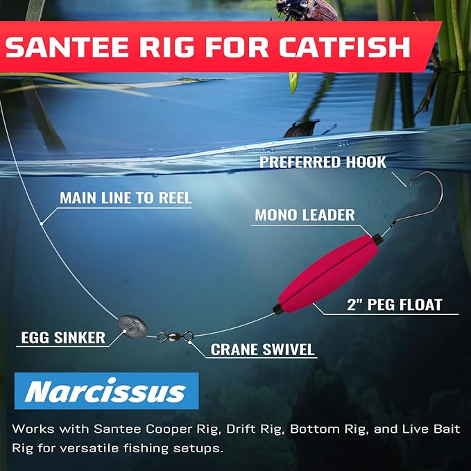 Narcissus Fishing Slotted Peg Float – Slip Bobbers for Fishing, Catfishing Tackle, Fishing Bobbers for Bass, Santee Rig, Easy Line Insertion, No Threading