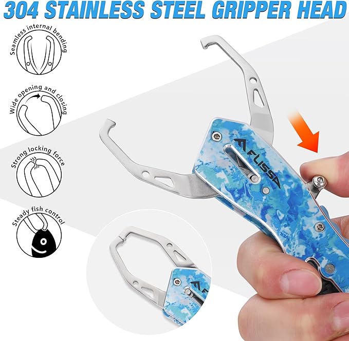 FLISSA Fish Gripper, Fish Lip Grip Tool with Carabiner and Spring Anti-Lost Rope, Durable Stainless Steel Fish Grabber Gripper, Lightweight Holder for Fishing, Corrosion Resistant & Portable