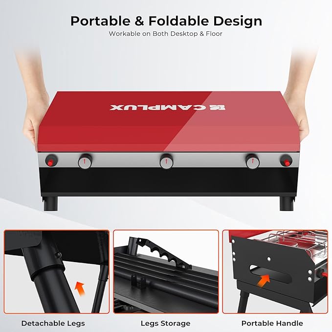 CAMPLUX 2 Burners & 1 Grill Propane Camping Stove, 15,000 BTU Portable Outdoor Propane Camping Grill Burner with Free Standing Legs, Auto-Ignition Gas Stove with Regulator, Red