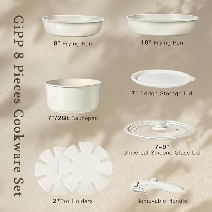 GiPP Ceramic Pots and Pans Set Non Stick, Nonstick Detachable Handle Cookware Sets, Healthy Non Toxic PFAS PFOA & PTFE Free, Dishwasher ＆Oven Safe, Induction Kitchen Pot and Pan, 8 Piece Cream