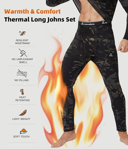 CL convallaria Mens Thermal Underwear Set with Fly Long Johns Base Layer Winter Hunting Gear Sport Top and Bottom