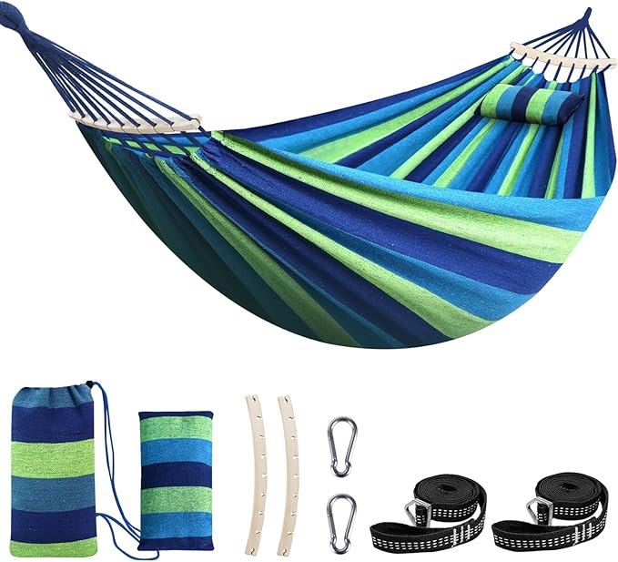 Chihee Cotton Hammock Large Soft Breathable Camping Hammock Holds Up to 660lbs Portable Tree Hammock with Detachable Spreader Bar Pillow 2 Strong Webbings 2 Carabiners Patio Garden Indoor Outdoor