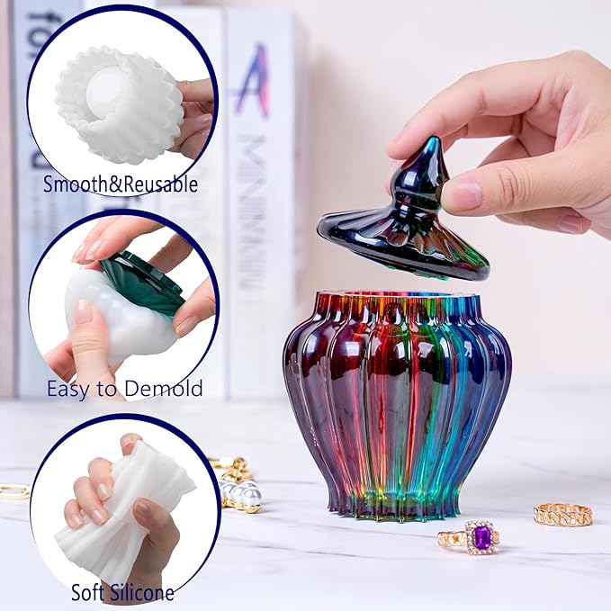 Silicone Box Mold with Lid Resin Epoxy Casting Molds Vintage Striped Wave Candle Jar Cement Mould for Resin Craft Making DIY Art Jewelry Trinket Organizer Candy Container Concrete Moulds Home Decor