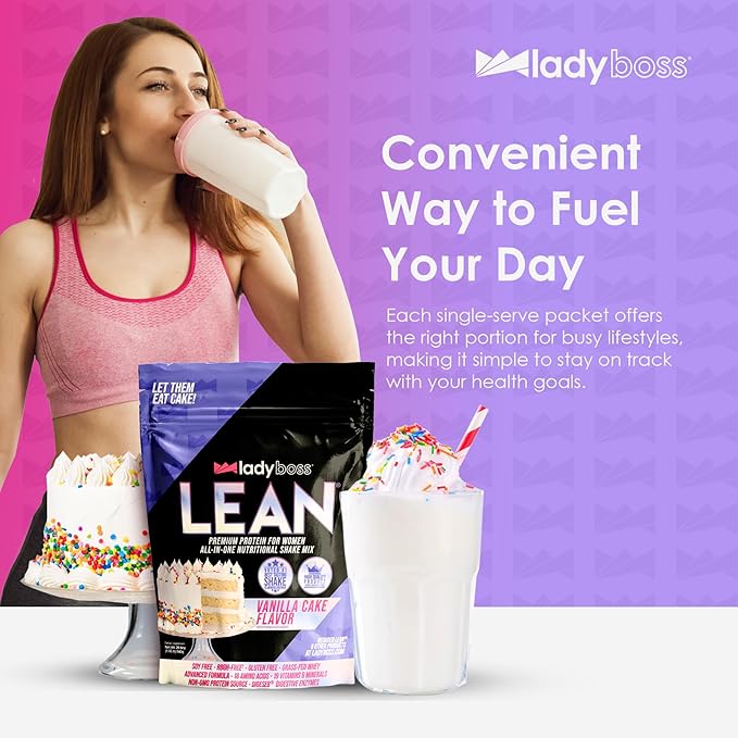 LadyBoss Lean Protein Shake Vanilla Cake Flavor - Meal Replacement & Craving Support with Grass-Fed Whey, 18 Vitamins & Nutrients - 30 Servings