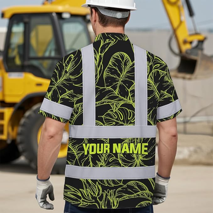 High Visibility Hawaiian Shirt for Men Tropical Shirts Custom Name Floral Outfit Reflective Safety Workwear