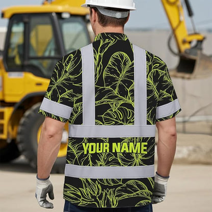 High Visibility Hawaiian Shirt for Men Tropical Shirts Custom Name Floral Outfit Reflective Safety Workwear