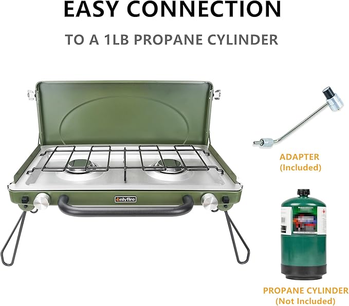 ONLYFIRE OUTDOOR LIVING Portable Camping stove 2-Burner, Propane Gas Stove with Foldable Legs, Camp Stove for Camping, Patio, Backyard, Picnic, Tailgating, RV, BBQ, GS331 Off-white