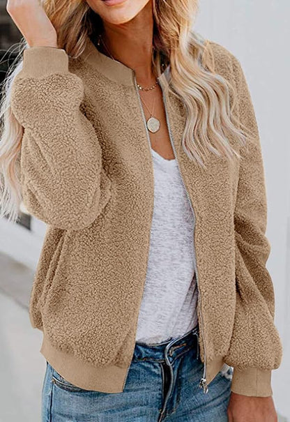 MIROL Women's Fall Trendy Fleece Jacket Faux Sherpa Fuzzy Casual Long Sleeve Zip Up Loose Fit Bomber Winter Coat