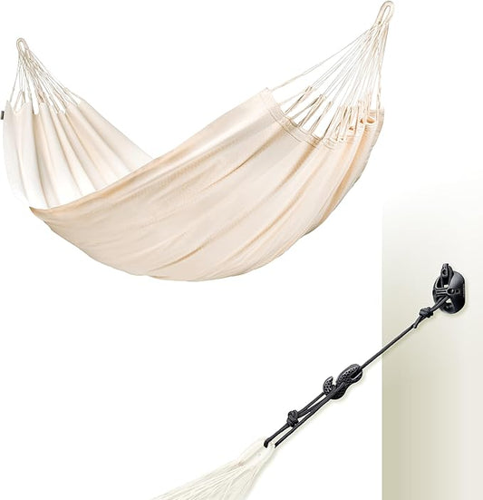 LA SIESTA® Modesta Organic Cotton Hammock & Wall Mount Kit for Walls Ceilings & Square Beams - Indoor Outdoor Hammock Swing, Portable Hammock for Outside Patio Bed - Large Double Hammock, Latte