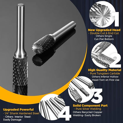 Carbide Burr Set, 8Pcs Double Cut Tungsten Carbide Rotary Burr set, 1/4 inch Shank Die Grinder Bits, Carbide Rotary File for Metal Wood Carving, Engraving, Polishing,Drilling