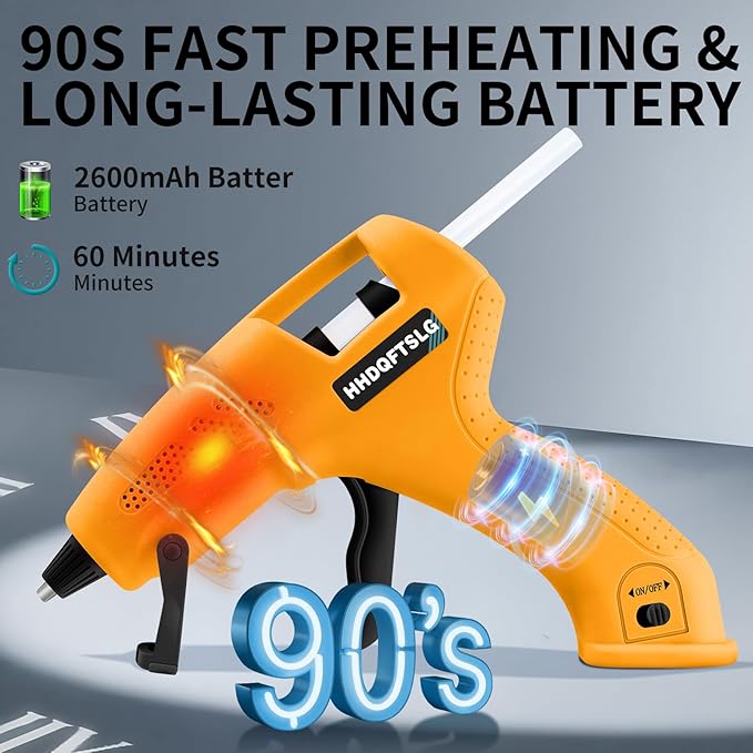 Cordless Hot Glue Gun, 20W Glue Gun with 30 Glue Sticks, 90S Fast Preheating, 2600mAh USB-C Rechargeable Hot Melt Gun for DIY Crafts, Gift Making, Home Repairs & Decoration, Gift Making (Yellow)