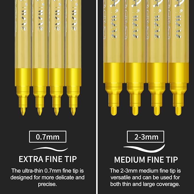 SFAIH Acrylic Gold Paint Pens - 8 Pack 2-3MM Medium Tip & 0.7MM Extra Fine Gold Markers Permanent for Rock, Wood, Metal, Fabric, Plastic, Glass, Ceramic, Diy Crafts, Large Ink Capacity, High Coverage