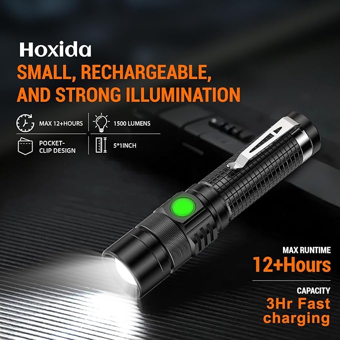 Pocket EDC Flashlight Rechargeable - 4.9inch & Emergency One Click SOS, Super Bright Small LED Flashlight 3Hr USB-C Fast Charging, Waterproof Portable Small EDC Flashlight for Home, Camping, Hiking