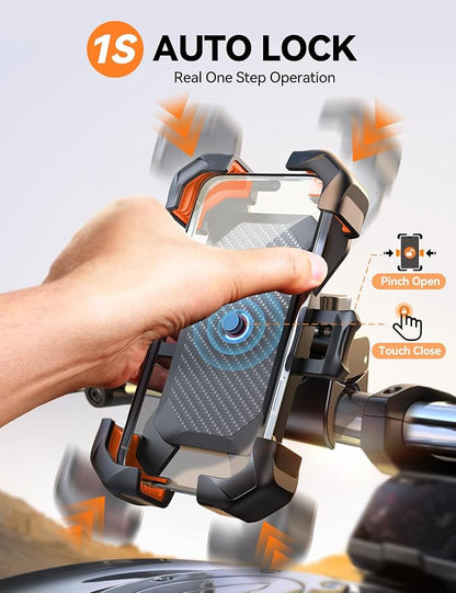 JOYROOM Motorcycle Phone Mount, [1s Auto Lock][100mph Military Anti-Shake] Bike Phone Holder for Bicycle, [10s Quick Install] Handlebar Phone Mount, Compatible with iPhone, Samsung, All Phone, Orange