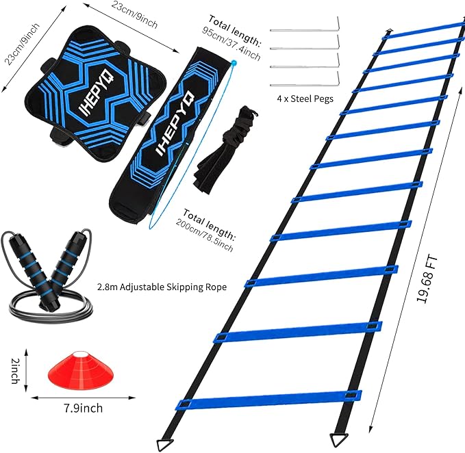 Soccer Agility Training Equipment Set, 12 Rung 20Ft Agility Ladder, 12 Disc Cones, 4 Steel Stakes, Solo Soccer Trainer, Jump Rope - Speed Training Equipment for Soccer Football Basketball