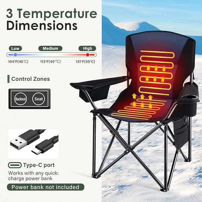 Homcosan Heated Camping Chair for Adults, Portable Outdoor Chairs with 3 Heat Levels, Oversized Foldable Lawn Chairs Without Power Bank, Perfect for Camping, Outdoor Sports, Picnics, Fishing (Blue)