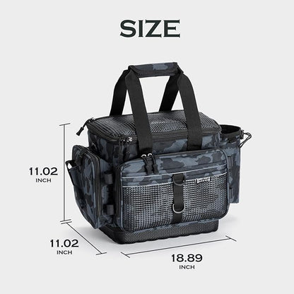 Ghosthorn Fishing Tackle Bag with Rod Holder Saltwater & Freshwater Resistant Tackle Box Bag - Waterproof Base, Adjustable Padded Shoulder Strap (Black Camouflage)