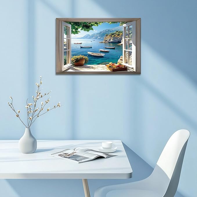 ANRUOXI Beach Wall Art, Window Frame Style Canvas Wall Decor Ocean, Blue Sea & Tropical Palm Tree Ocean Island Canvas, Paradise Scenery Nature Landscape Painting for Living Room Office Home 18x24 Inch