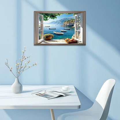 ANRUOXI Beach Wall Art, Window Frame Style Canvas Wall Decor Ocean, Blue Sea & Tropical Palm Tree Ocean Island Canvas, Paradise Scenery Nature Landscape Painting for Living Room Office Home 18x24 Inch