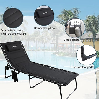 Oversized Padded Outdoor Folding Lounge Chair for Adults 330Ibs Patio Chaise Lounge Chair for Outside 5-Position Adjustable Reclining Beach Chair with Pillow Pocket