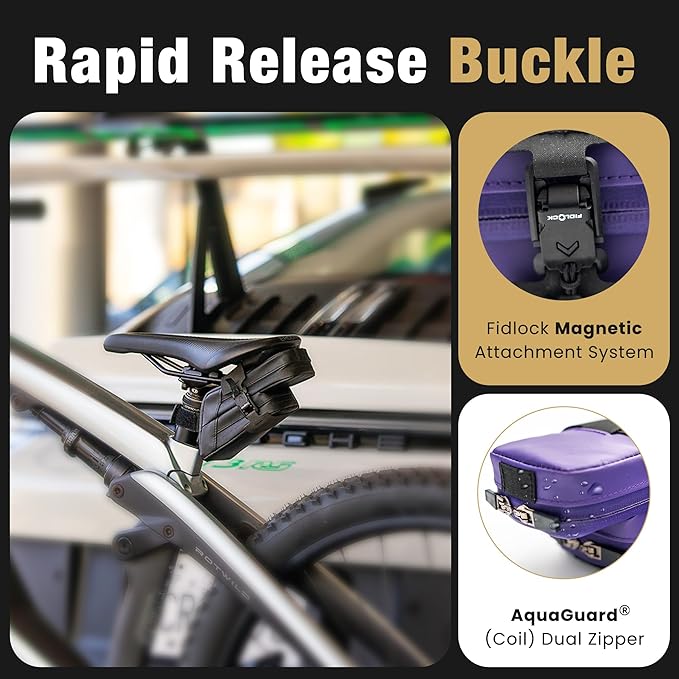 Lumiere & Co. Magnetic Quick-Release Bike Saddle Bag – Double Compartment, Low-Profile Brick Design, Designed with Fidlock's Magnetic Black V Buckle Attachment System, Mach X (Purple)