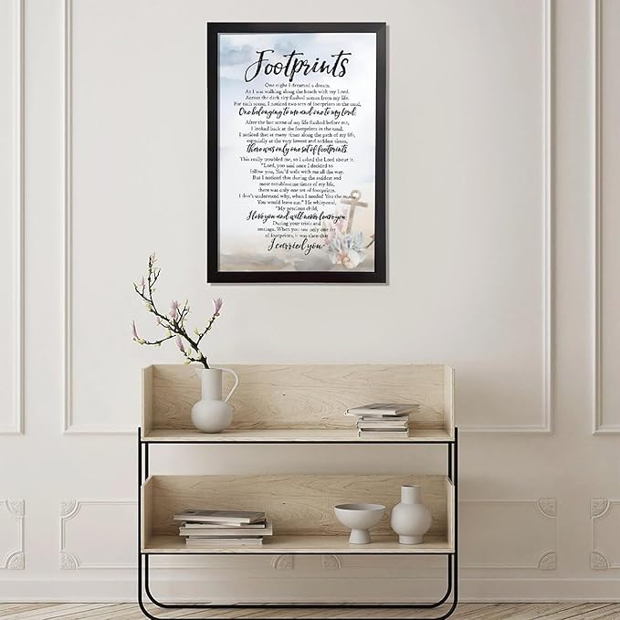 Footprints in the Sand Religious Canvas Wall Art Posters, Inspirational Beach Sunset Poem Print Poster (Black Framed 12x18inch, Footprints(6))
