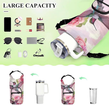 Pink Anna Hummingbird and Rose Water Bottle Holder with Strap Insulated Water Bottle Carrier Crossbody Bags Pouch with Phone Pocket for Travel Gym Hiking Walking Running
