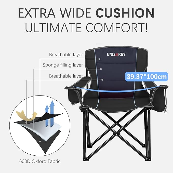 Oversized Folding Camping Chair for Adults - 450lbs Support - Heavy Duty Portable Lawn Chairs with Side Pocket Cup Holder Cooler Bag for Sports Garden Beach Fishing, Black