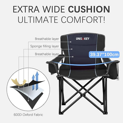Oversized Folding Camping Chair for Adults - 450lbs Support - Heavy Duty Portable Lawn Chairs with Side Pocket Cup Holder Cooler Bag for Sports Garden Beach Fishing, Black