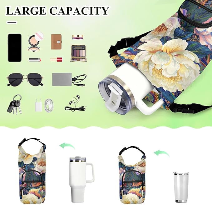 Peony Flowers Paisley Colorful Water Bottle Holder with Strap Insulated Water Bottle Carrier Crossbody Bags Pouch with Phone Pocket for Travel Gym Hiking Walking Running