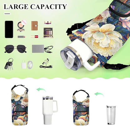 Peony Flowers Paisley Colorful Water Bottle Holder with Strap Insulated Water Bottle Carrier Crossbody Bags Pouch with Phone Pocket for Travel Gym Hiking Walking Running