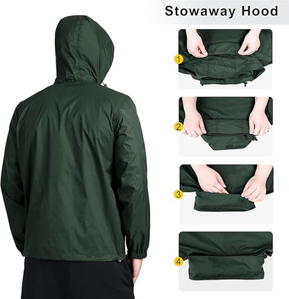 Outdoor Ventures Men's Rain Jacket Waterproof Lightweight Packable Rain Shell Raincoat with Hood for Golf Hiking Travel