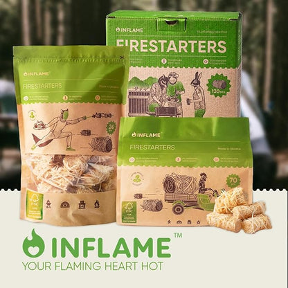 Inflame Fire Starters 70 pcs Fire Starters for Campfires, Grill, BBQ, Fireplace, Woodstove - Charcoal Starter - Waterproof, Weather-Resistant - Natural Wood Fireplace Starters