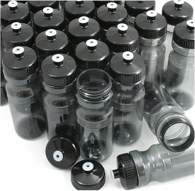 Rolling Sands USA Made 24 Ounce Sports Water Bottles - 100 Pack BPA-Free Blank Plastic Bottles for Group Use, Fitness Classes & Events - Translucent Charcoal Bottle/Charcoal Lid