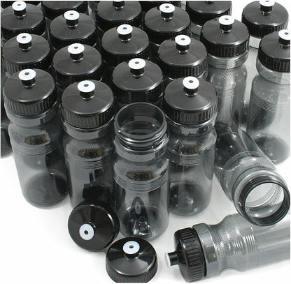 Rolling Sands USA Made 24 Ounce Sports Water Bottles - 100 Pack BPA-Free Blank Plastic Bottles for Group Use, Fitness Classes & Events - Translucent Charcoal Bottle/Charcoal Lid