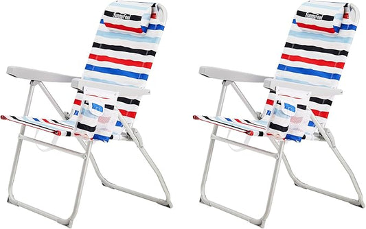SUNNYFEEL Portable Beach Chair, High Back Folding Beach Chair, Lightweight Camp Chair with Reclining Position, Backpack Lounger for Beach, Camping, Lawn, Outdoor, Red Blue White Striped, 2 Pack