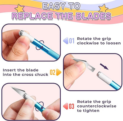 DIYSELF 50-Piece Exacto Knife, Aluminum Alloy Handle, Precision Craft Knife Set for Student, Artist, Carbon Steel Blade, Hobby Knife Set for Crafting, Leather, Wallpaper, Collage (Black)