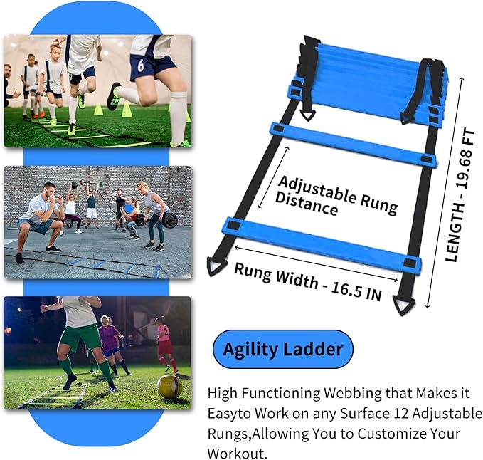 Soccer Agility Training Equipment Set, 12 Rung 20Ft Agility Ladder, 12 Disc Cones, 4 Steel Stakes, Solo Soccer Trainer, Jump Rope - Speed Training Equipment for Soccer Football Basketball