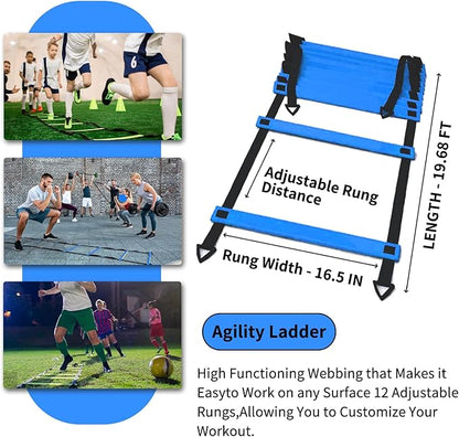 Soccer Agility Training Equipment Set, 12 Rung 20Ft Agility Ladder, 12 Disc Cones, 4 Steel Stakes, Solo Soccer Trainer, Jump Rope - Speed Training Equipment for Soccer Football Basketball