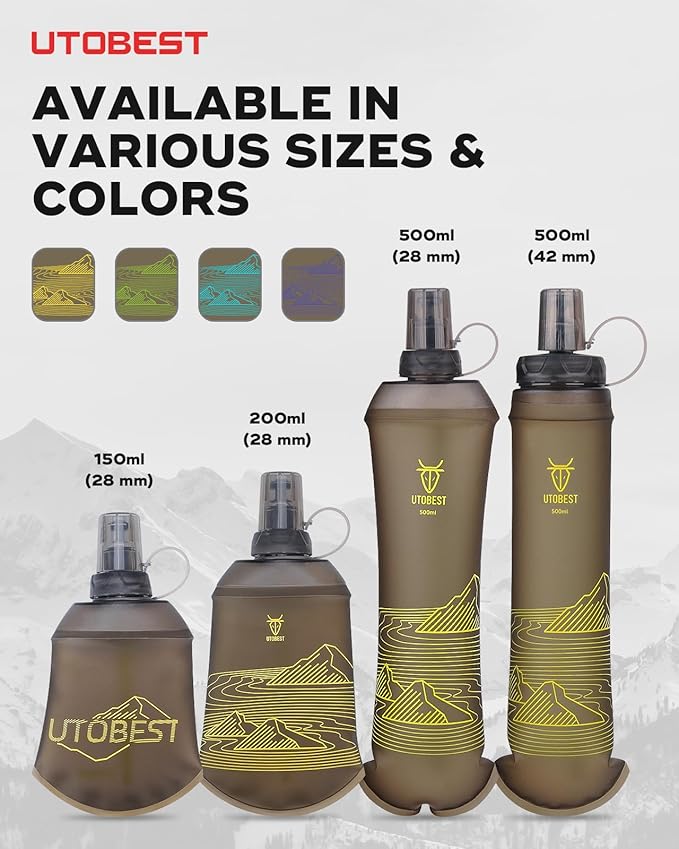 150ml Soft Flask, 1 Pack Flexible TPU Hydration Water Bottle, Collapsible with 28mm Caliber for Running, Hiking, Cycling, Climbing, and Marathon Yellow