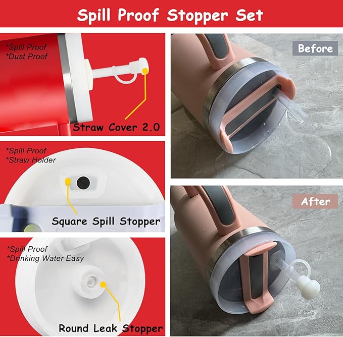 Stanley Cup Accessories Set,Including 2 Pcs 0.4in Straw Cover, 1 Silicone Spill-Proof Stopper Set of 3, 1 Cute Rose Handle Charm, 1 Silicone Boot Fits Stanley 40&30 Oz Tumbler (Chili)