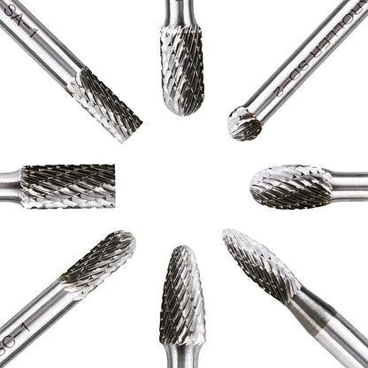 Carbide Burr Set, 1/4" Shank 8PC Double Cut Die Grinder Rotary Tool Cutting Burrs Set for Metal and Wood Working Carving, Engraving, Polishing, Grinding with Portable Round Storage Case